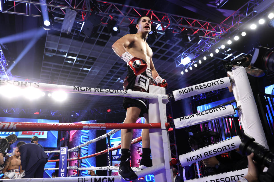 LAS VEGAS, NV - DECEMBER 12: Edgar Berlanga celebrates his victory over Ulises Sierra at the MGM Grand Conference Center on December 12, 2020 in Las Vegas, Nevada. (Photo by Mikey Williams/Top Rank Inc via Getty Images)