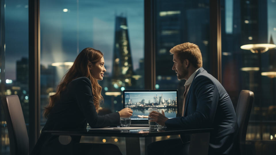 A woman and man in formal attire in a meeting room discussing the latest enterprise solutions technology from the company.