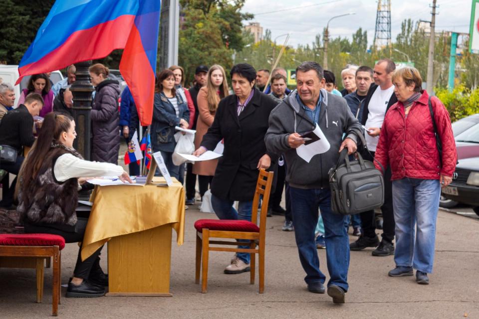 People line up to vote in a referendum in Luhansk, Luhansk People's Republic controlled by Russia-backed separatists (Copyright 2022 The Associated Press. All rights reserved)