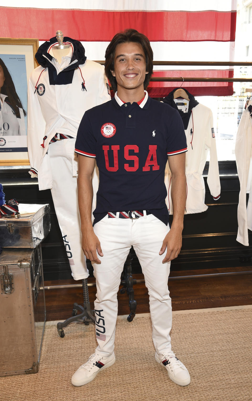 Skateboarder Heimana Reynolds participates in the Team USA Tokyo Olympic closing ceremony uniform unveiling at the Ralph Lauren SoHo Store on April 13, 2021, in New York. Ralph Lauren is an official outfitter of the 2021 U.S. Olympic Team. (Photo by Evan Agostini/Invision/AP)