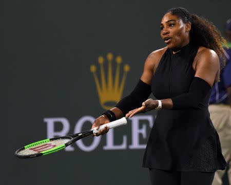 Mar 12, 2018; Indian Wells, CA, USA; Serena Williams (USA) during her third round match against Venus Williams (not pictured) in the BNP Paribas Open at the Indian Wells Tennis Garden. Venus Williams won the match. Mandatory Credit: Jayne Kamin-Oncea-USA TODAY Sports