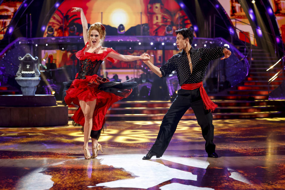 Angela Scanlon and Carlos Gu dancing on Strictly.