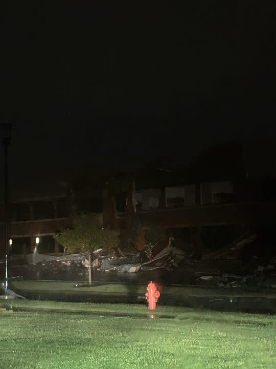 Damage to building on Britton Road from severe storms Tuesday night 