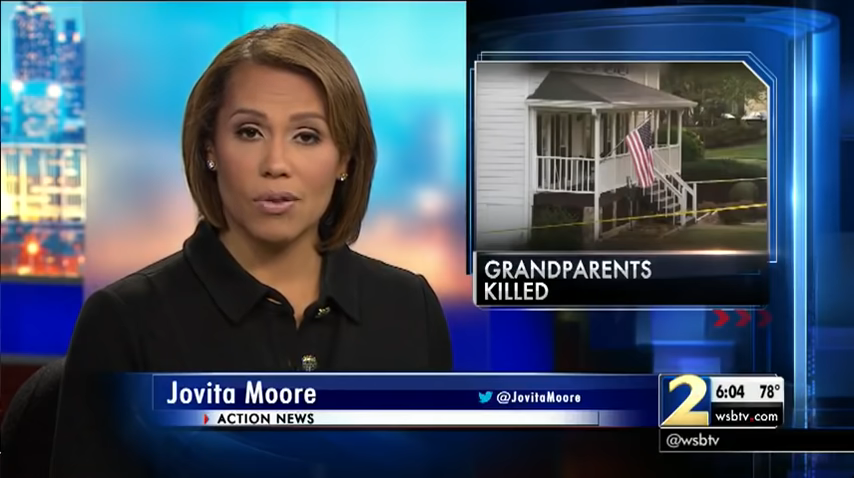 News anchor reporting on a story titled "GRANDPARENTS KILLED" with inset image of a house displaying two American flags