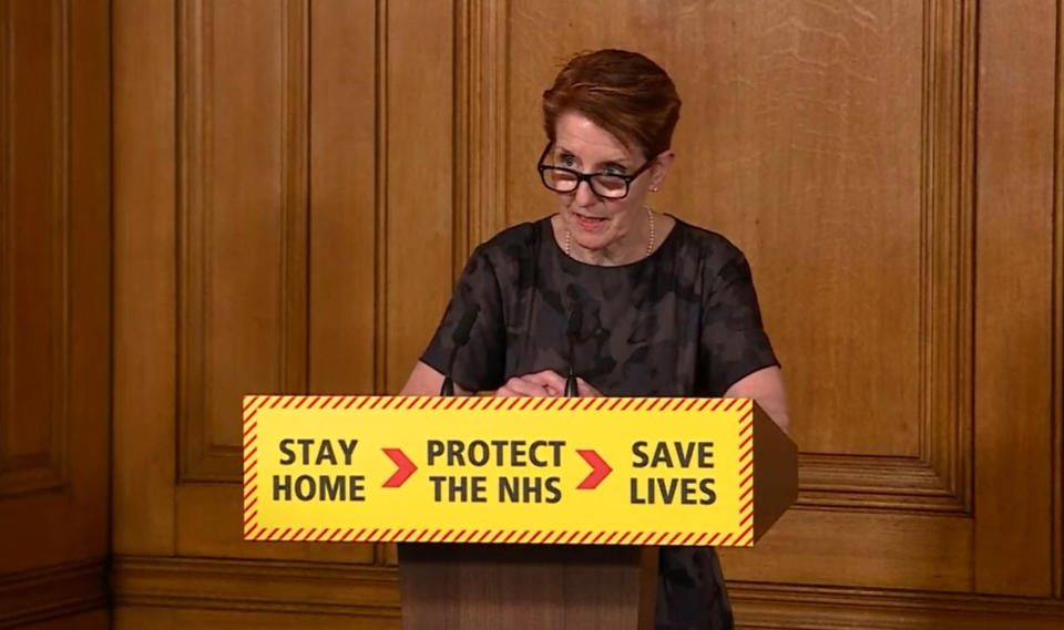 Screen grab of Public Health England medical director Yvonne Doyle answering questions from the media via a video link during a media briefing in Downing Street, London, on coronavirus (COVID-19).