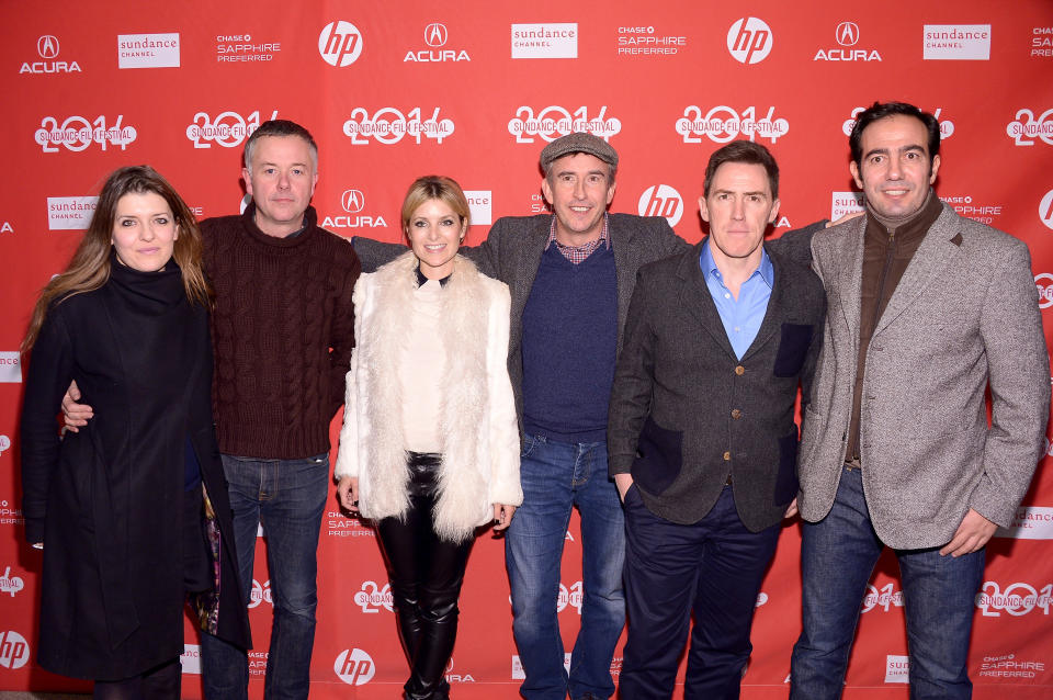 PARK CITY, UT - JANUARY 20:  (L-R) Producer Melissa Parmenter, director Michael Winterbottom, actors Rosie Fellner, Steve Coogan and Rob Brydon, and line producer Stefano Negrithe attend the premiere of 'The Trip To Italy' at the Eccles Center Theatre during the 2014 Sundance Film Festival on January 20, 2014 in Park City, Utah.  (Photo by Michael Loccisano/Getty Images for Sundance Film Festival)