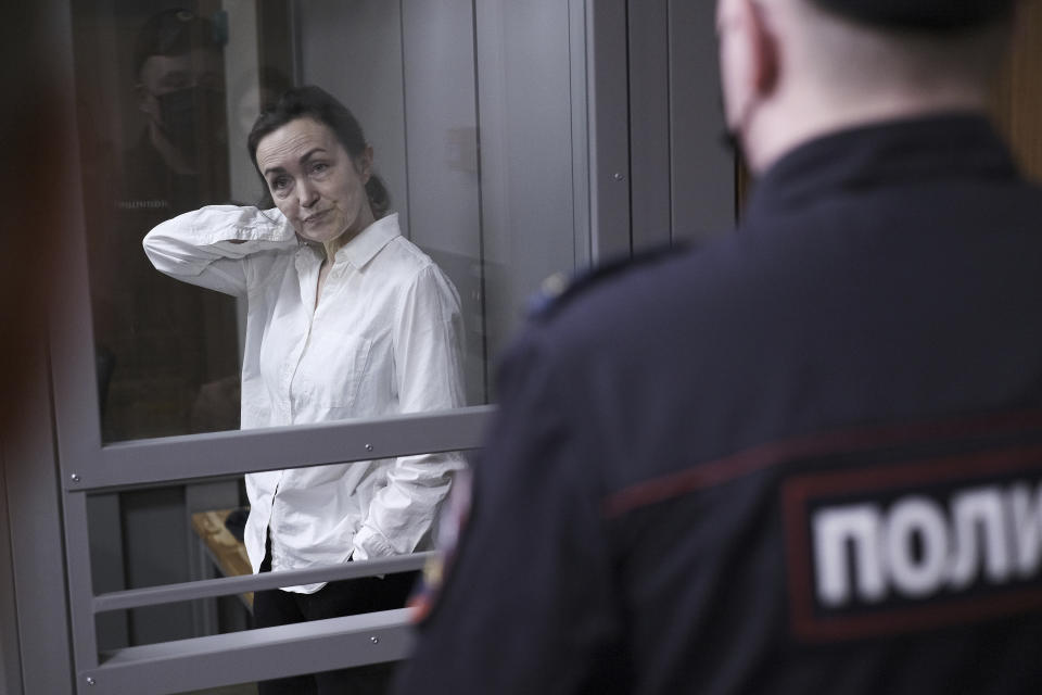 Alsu Kurmasheva, an editor for the U.S. government-funded Radio Free Europe/Radio Liberty's Tatar-Bashkir service, attends a court hearing in Kazan, Russia on Monday, April 1, 2024. The court on Monday extended pre-trial detention of Kurmasheva, who holds U.S. and Russian citizenship, and was accused of failing to register as a foreign agent and spreading "false information" about the Russian military in a case widely seen as part of the Kremlin's unrelenting crackdown on dissent and free speech. (AP Photo)