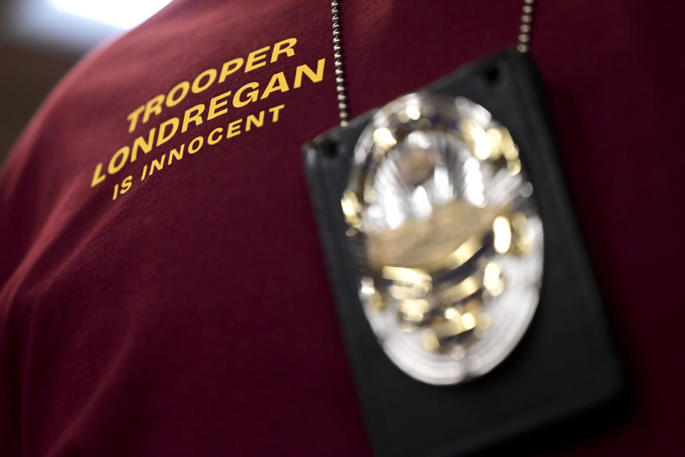 A member of law enforcement dons a shirt supporting Minnesota State Trooper Ryan Londregan, Monday, April 29, 2024, at the Hennepin County Government Center in Minneapolis. Londregan is charged with fatally shooting Black motorist Ricky Cobb II after Cobb tried driving away from a traffic stop in the summer of 2023. (Aaron Lavinsky/Star Tribune via AP)