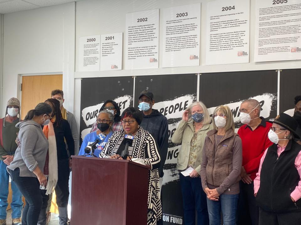 Laural Clinton of Iowa Citizens for Community Improvement and others called for police accountability, transparency, and the removal of Des Moines Police Chief Dana Wingert during a news conference on Feb. 23, 2022.