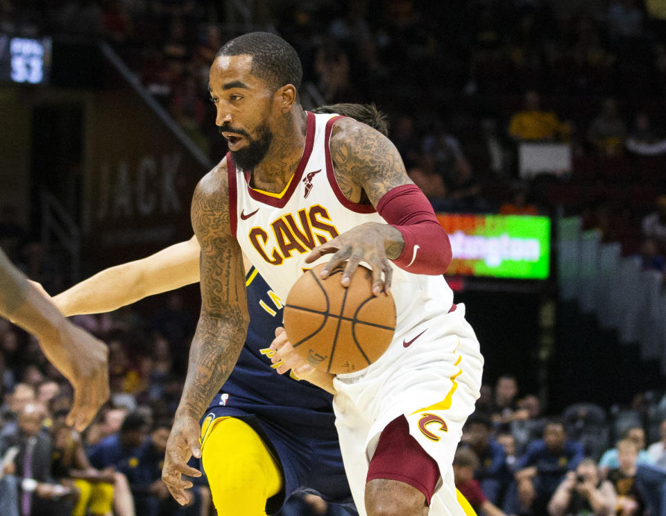 FILE - In this Oct. 8, 2018, file photo, Cleveland Cavaliers guard J.R. Smith (5) dribbles to the basket during the first quarter of a preseason NBA basketball game against the Indiana Pacers in Cleveland. Unhappy with his new role, Smith said he hopes the team trades him. Smith hasn’t formally requested a trade, but said Thursday, Nov. 1, 2018, that Cleveland’s front office knows he wants out.  (AP Photo/Scott R. Galvin, File)