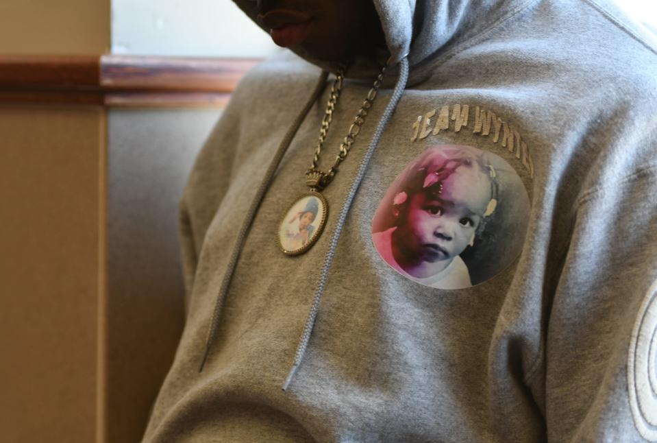 Wynter Cole-Smith's picture is seen in a pendant and on clothing worn by friends and family, Monday, July 1, 2024, prior to Rashad Trice pleading guilty at his plea hearing for first degree murder and first degree CSC.
