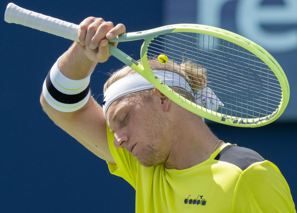 Alejandro Davidovich Fokina of Spain reacts during his loss to Alex de Minaur of Australia during the semifinals of the National Bank Open men’s tennis tournament Saturday, Aug. 12, 2023, in Toronto. (Frank Gunn/The Canadian Press via AP)