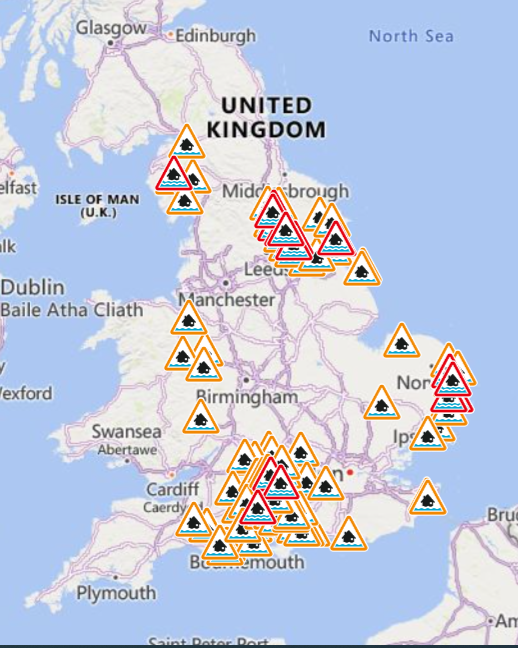 The flood warnings and alerts across England today (The Environment Agency)