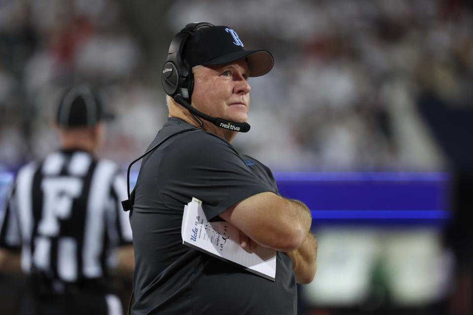 Nov 4, 2023; Tucson, Arizona, USA; UCLA Bruins head coach Chip Kelly on the sidelines during the second half at Arizona Stadium. Mandatory Credit: Zachary BonDurant-USA TODAY Sports