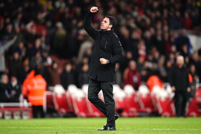 Mikel Arteta celebrates after Arsenal's win over Liverpool