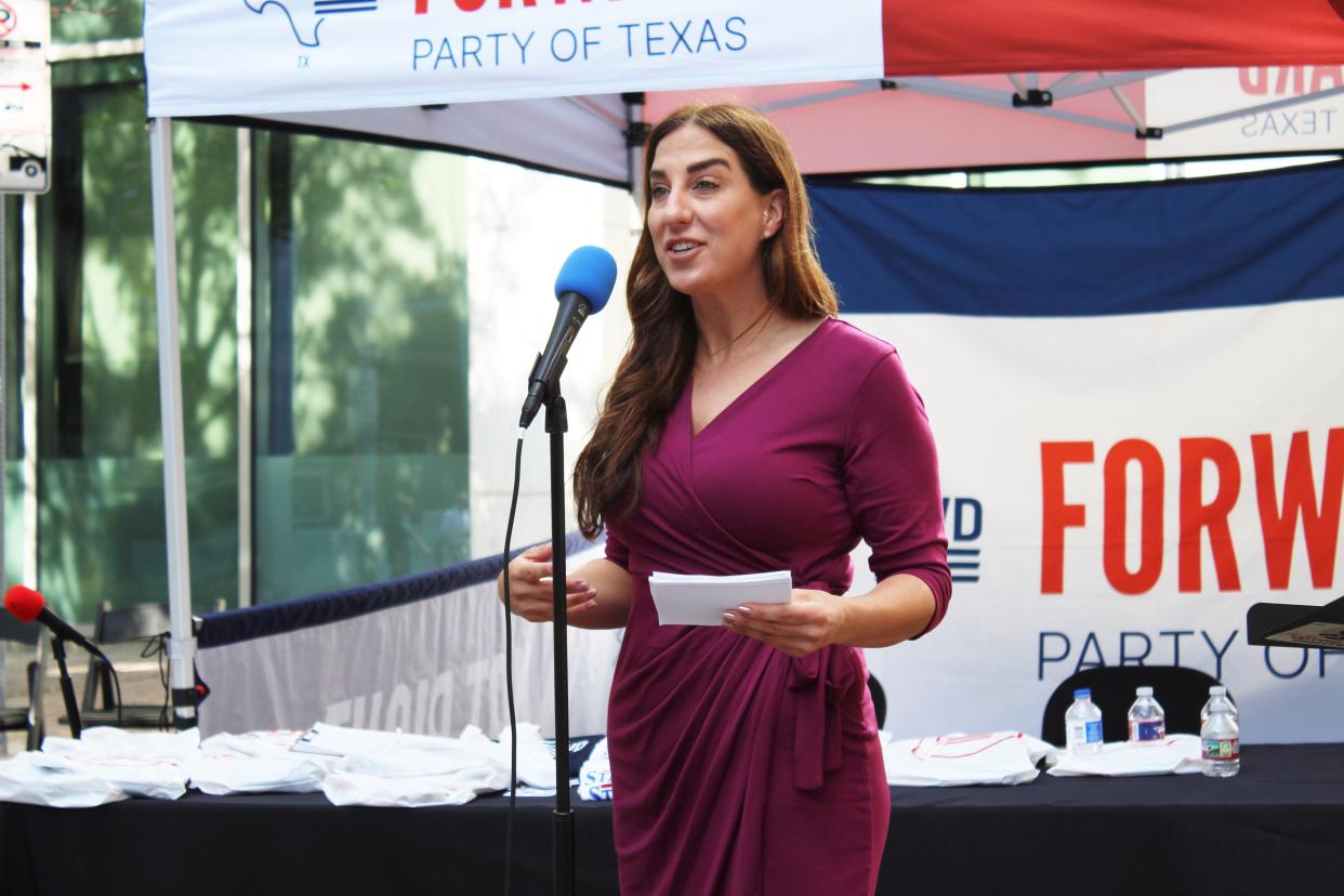 Crane County attorney Sarah Stogner announces her second campaign for the Texas Railroad Commission Saturday, Sept. 23, 2023 in Austin. The former Republican candidate is running under the Forward Party banner in 2024.