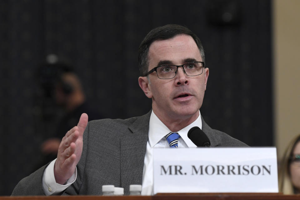 Tim Morrison, a former official at the National Security Council, testifies before the House Intelligence Committee on Capitol Hill in Washington on Nov. 19, 2019. (Susan Walsh/AP)