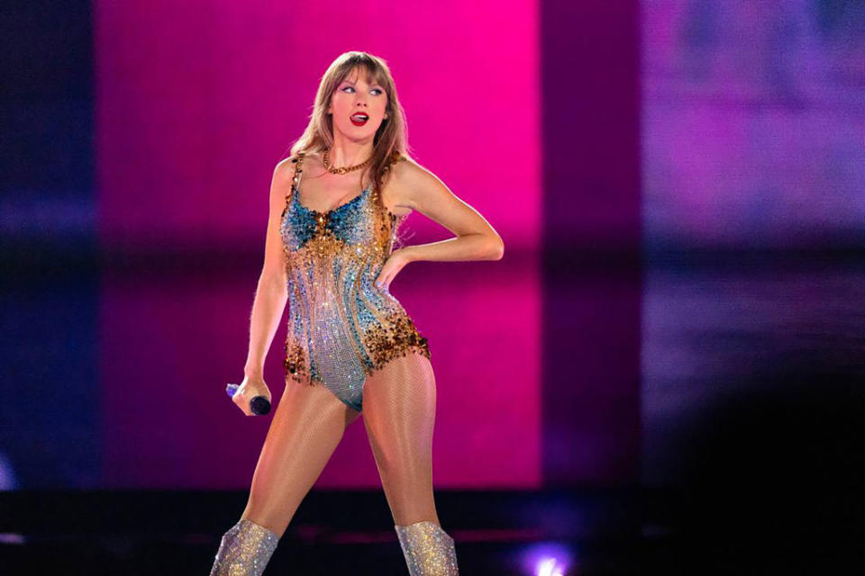 Taylor Swift pauses between songs during her first sold-out concert of three nights at AT&T Stadium in Arlington, Texas, in March. University of Kansas sociology professor Brian Donovan plans to turn a study of Swift's fandom into a book because of the overwhelming response from her fans. (File/Fort Worth Star-Telegram/Tribune News Service via Getty Images)