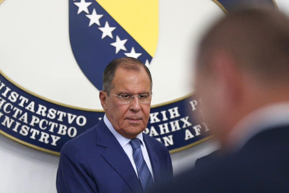 Russian Foreign Minister Sergey Lavrov arrives for a press conference in Sarajevo, Bosnia, Friday, Sept. 21, 2018. Russia’s foreign minister is visiting Bosnia, an ethnically-divided Balkan country where Moscow has maintained strong influence among the country’s Serbs. (AP Photo/Amel Emric)