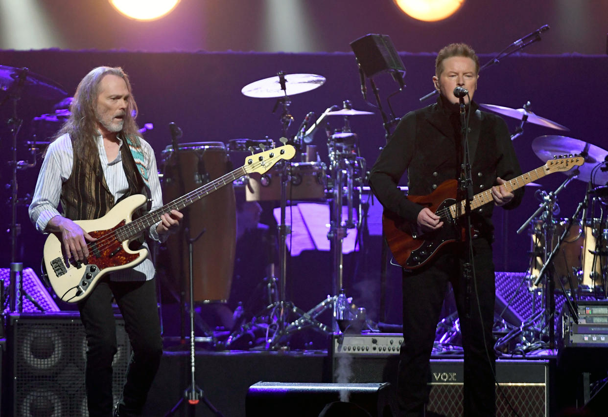 LAS VEGAS, NEVADA - SEPTEMBER 27:  Timothy B. Schmit (L) and Don Henley of the Eagles perform at MGM Grand Garden Arena on September 27, 2019 in Las Vegas, Nevada.  (Photo by Ethan Miller/Getty Images)