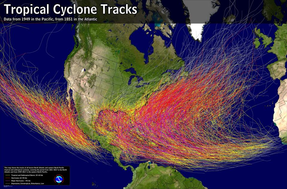 Tracks of tropical cyclones from 1851 to 2017 in the North Atlantic and from 1949 to 2017 in the eastern North Pacific.