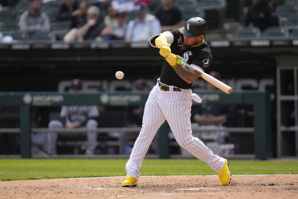Chicago White Sox's Yoan Moncada his a single during the ninth inning of a baseball game against the Cleveland Guardians, Thursday, May 18, 2023, in Chicago. The Guardians won 3-1. (AP Photo/Erin Hooley)