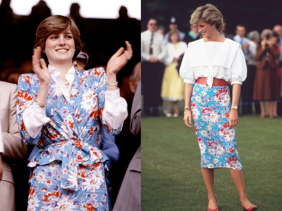 <p>Diana wasn't afraid to break apart a two-piece set to make multiple outfits. On the left, she's seen in the full ensemble at the 1981 Wimbledon Tennis Championships. Several years later, in 1985, she wore just the skirt to a polo match in Cirencester.</p>