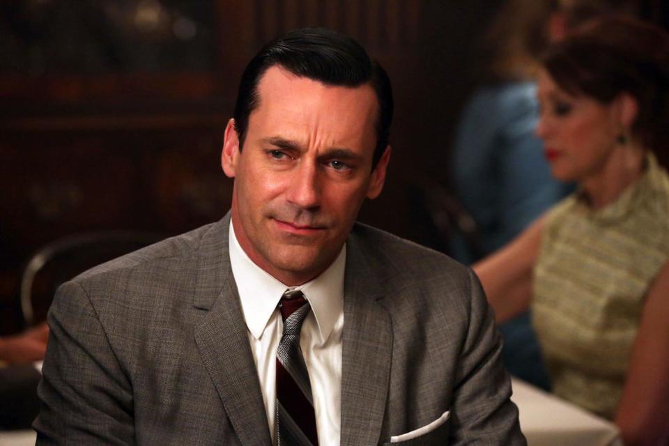 This TV publicity image released by AMC shows Jon Hamm as Don Draper in a scene from "Mad Men." The season finale airs Sunday, June 23, on AMC. James Gandolfini's portrayal of Tony Soprano represented more than just a memorable TV character. He changed the medium, making fellow antiheroes like "Breaking Bad's" Walter White and "Mad Men's" Don Draper possible, and shifted the balance in quality drama away from broadcast television. (AP Photo/AMC, Michael Yarish)