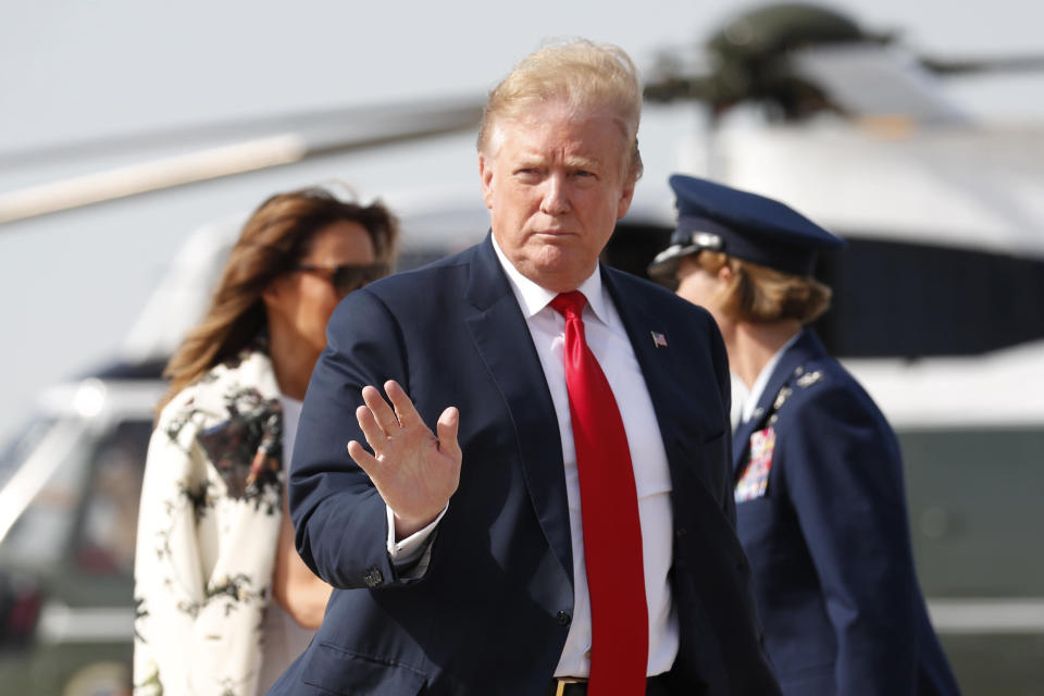 President Donald Trump and first lady Melania Trump walk from Marine One helicopter to board Air Force One, Thursday, April 18, 2019, at Andrews Air Force Base, Md. President Trump is traveling to his Mar-a-Lago estate to spend the Easter weekend in Palm Beach, Fla. (AP Photo/Pablo Martinez Monsivais)