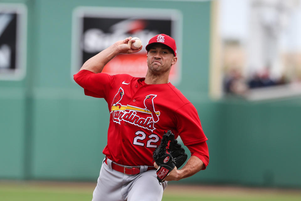 FT. MYERS, FL - MARCH 10:  Jack Flaherty #22 of the St. Louis Cardinals pitches during a spring training game against the Boston Red Sox on March 10, 2020 at JetBlue Park  in Fort Myers, Florida. (Photo by John Capella/Sports Imagery/Getty Images)