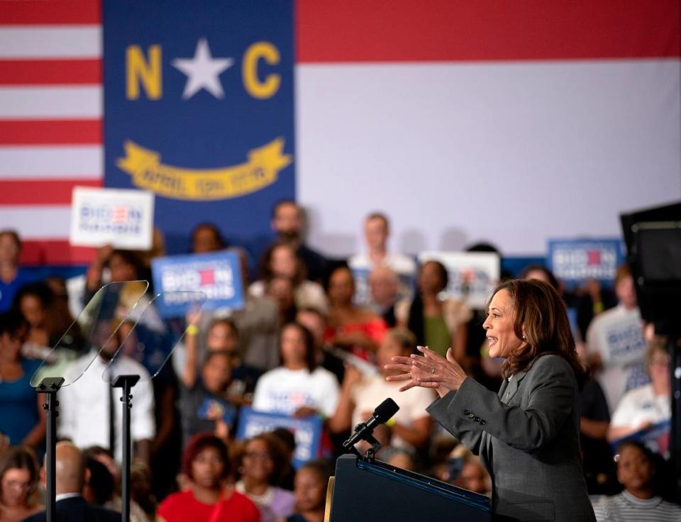 Vice President Kamala Harris speaks during a campaign event at James B. Dudley High School on Thursday, July 11, 2024, in Greensboro, N.C.