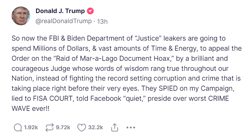 Donald Trump raged at the Department of Justice on Thursday night after the federal agency appealed a court-ordered special master review of the materials seized by the FBI at Mar-a-Lago (Truth Social/Donald Trump)