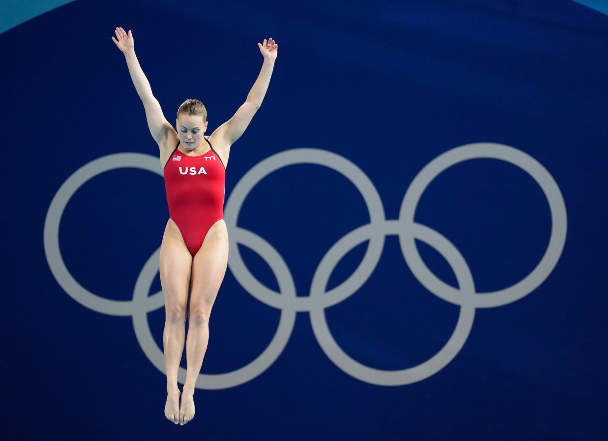 Alison Gibson (USA) competed in the women's 3m springboard diving preliminaries at the Paris 2024 Olympic Summer Games at the Aquatics Centre on Aug. 7, 2024.