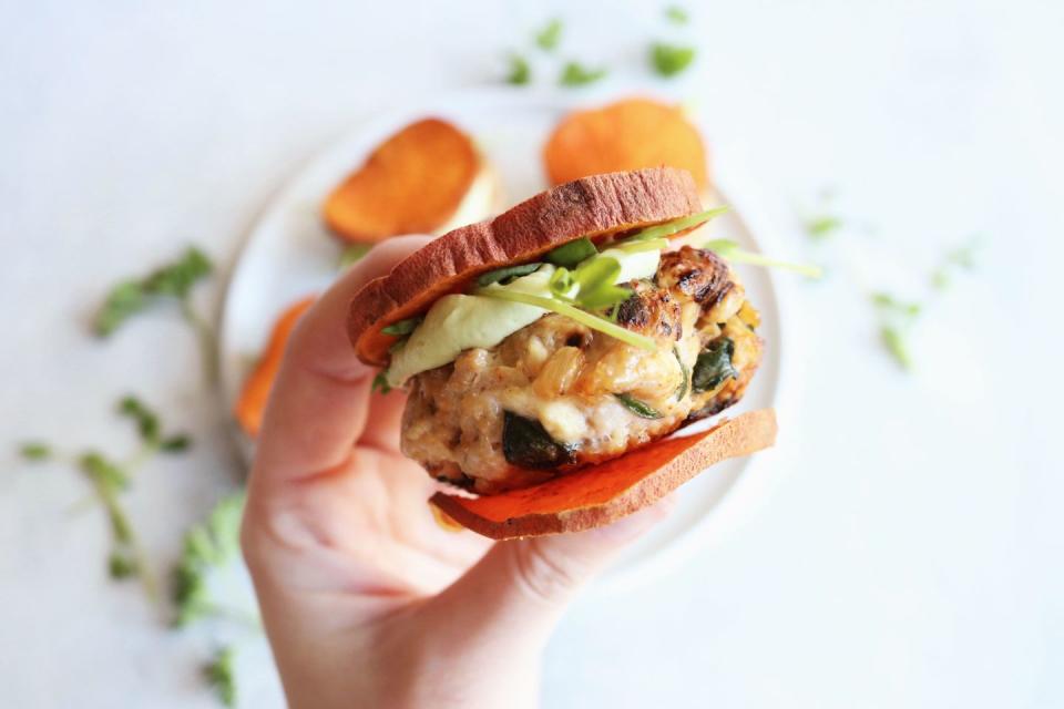 Caramelized Onion Spinach and Feta Turkey Burgers