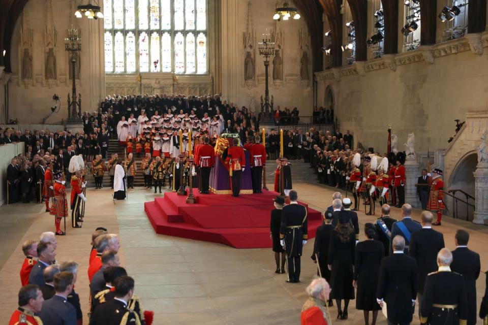 The Queen’s coffin lays on the catafalque in Westminster Hall (Peter Tarry/PA) (PA Wire)