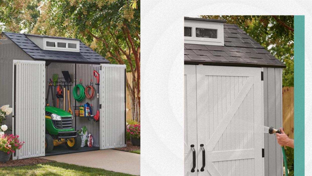 plastic outdoor shed with riding mower and tools in it