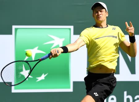 FILE PHOTO: Mar 15, 2019; Indian Wells, CA, USA; Hubert Hurkacz (POL) during his semi final match against Roger Federer (not pictured) in the BNP Paribas Open at the Indian Wells Tennis Garden. Mandatory Credit: Jayne Kamin-Oncea-USA TODAY Sports