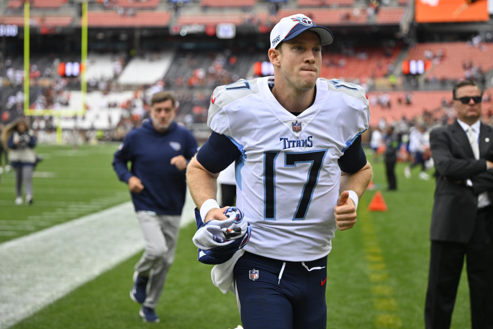 Tennessee Titans quarterback Ryan Tannehill (17) jogs off the field after the team's loss against the Cleveland Browns following an NFL football game, Sunday, Sept. 24, 2023, in Cleveland. (AP Photo/David Richard)