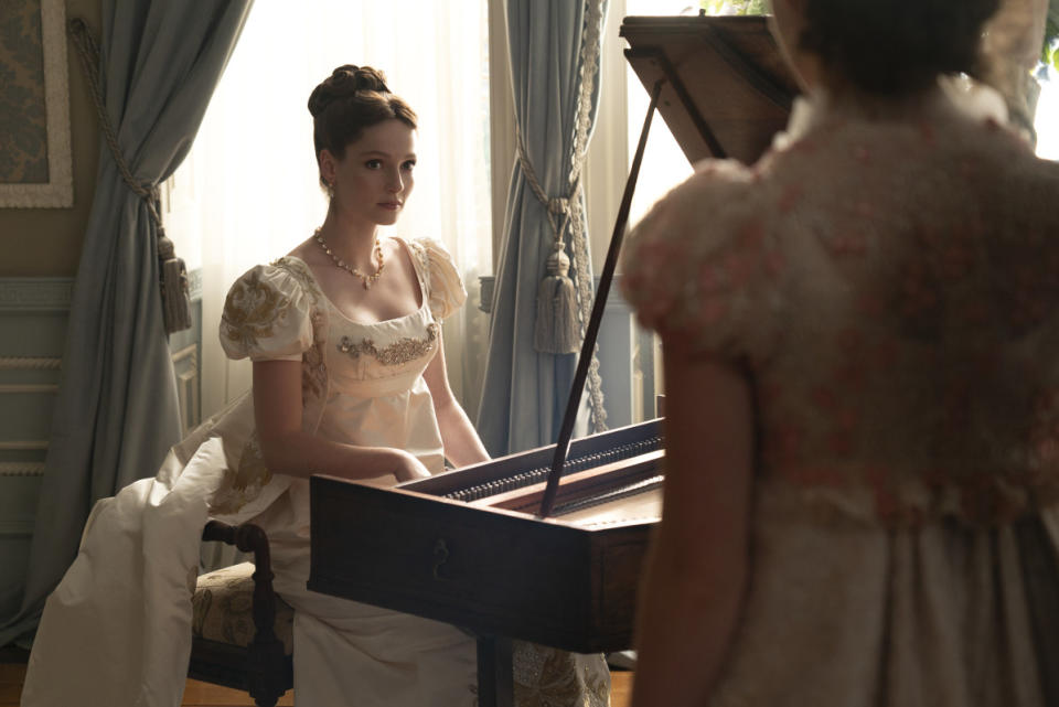 Francesca Bridgerton (Hannah Dodds) in her presentation dress.<p>Photo: Courtesy of Netflix</p>