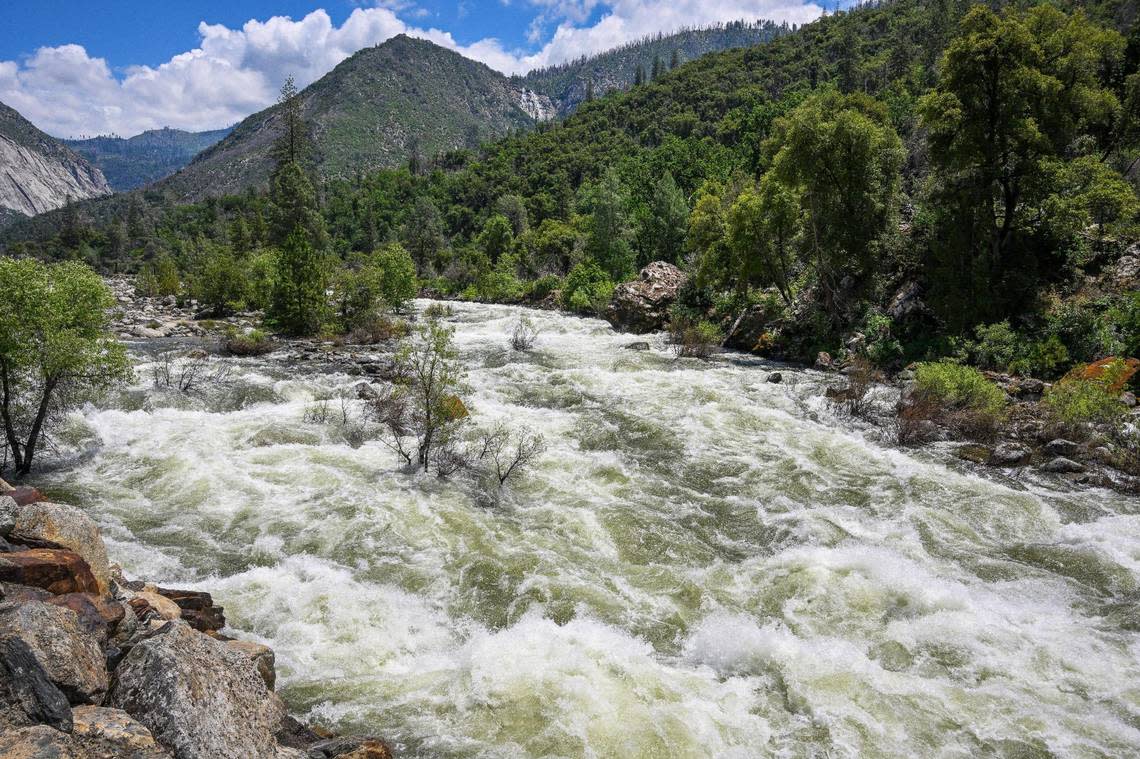 The Merced River rages with white water down the river canyon outside of Yosemite National Park near El Portal as the snowmelt continues following an historic year for snow, on Tuesday, June 13, 2023. CRAIG KOHLRUSS/ckohlruss@fresnobee.com