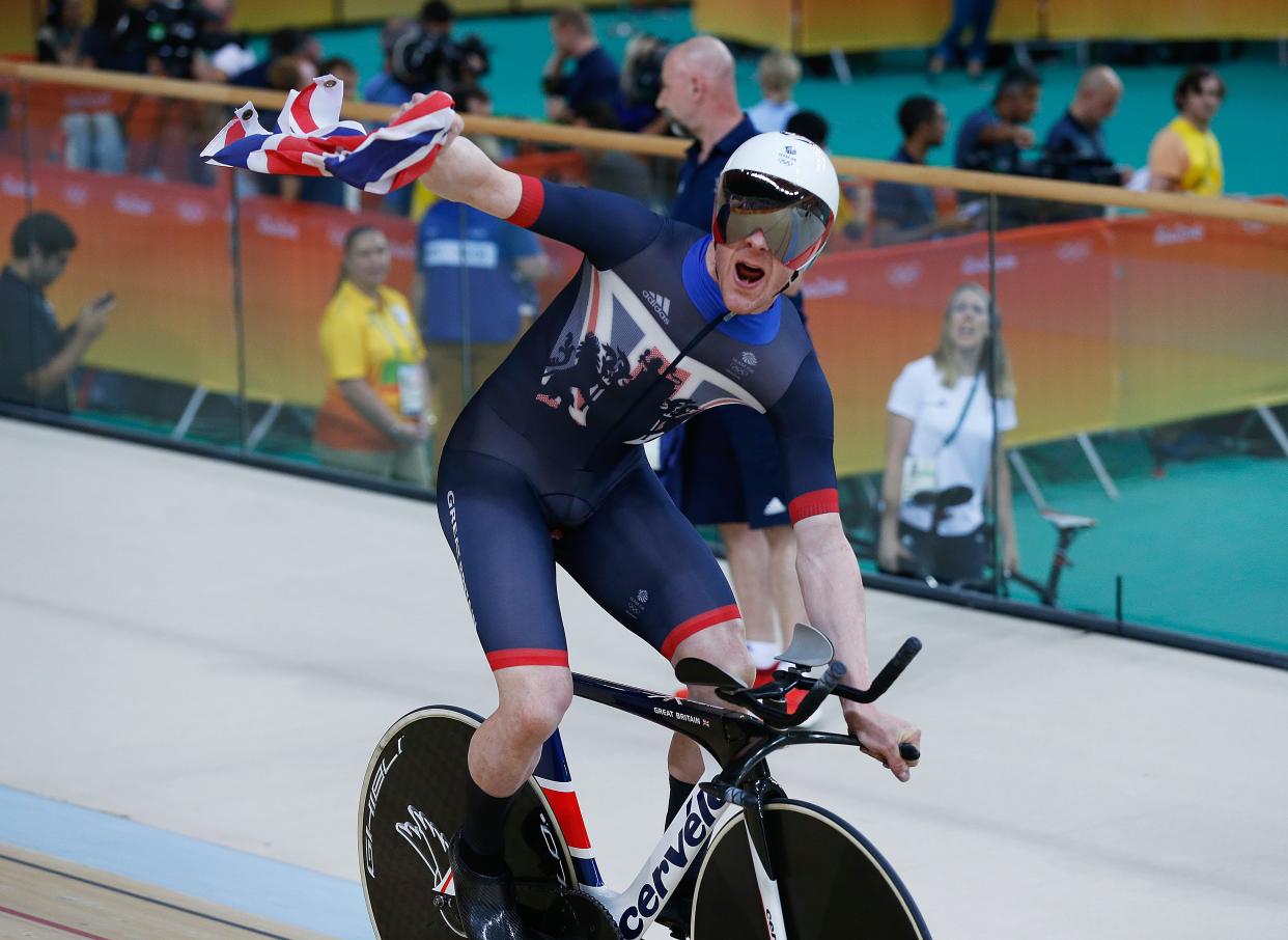 Ed Clancy celebrates winning gold (Owen Humphreys/PA) (PA Archive)