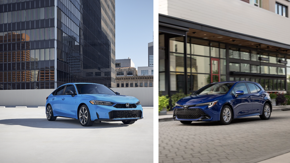 2025 honda civic hatch and 2025 toyota corolla hatch parked facing each other