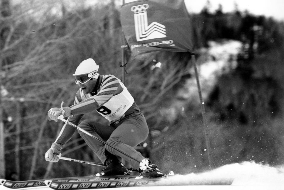 FILE - Ingemar Stenmark of Sweden speeds down the Whiteface mountain giant slalom course in the Men's Alpine event at the XIII Olympic Winter Games at Lake Placid, N.Y., on Feb. 19, 1980. Ingemar Stenmark's unbreakable skiing record just got matched by Mikaela Shiffrin. The American won a giant slalom on Friday, March 10, 2023, to equal the Swedish great's record of 86 World Cup victories, which he set more than three decades ago. (AP Photo, File)