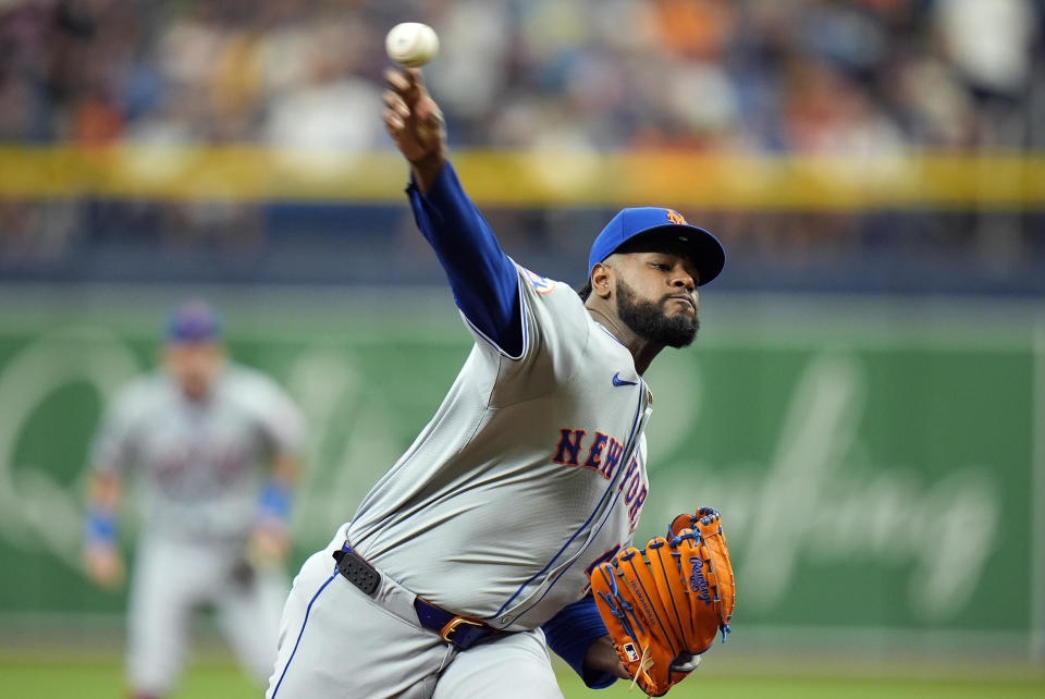 New York Mets starting pitcher Luis Severino delivers to the Tampa Bay Rays during the first inning of a baseball game Sunday, May 5, 2024, in St. Petersburg, Fla. (AP Photo/Chris O'Meara)