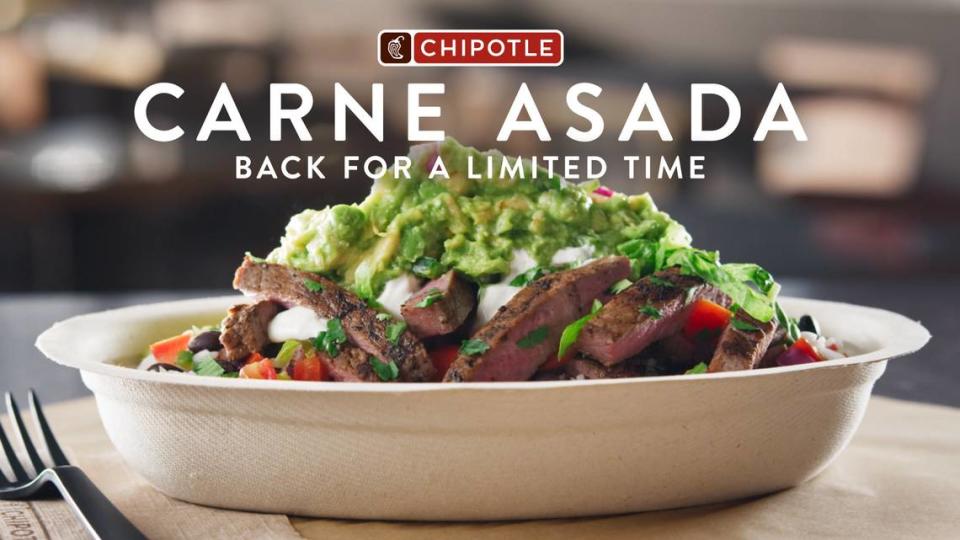 Carne asada will return to Chipotle restaurants Sept. 28.