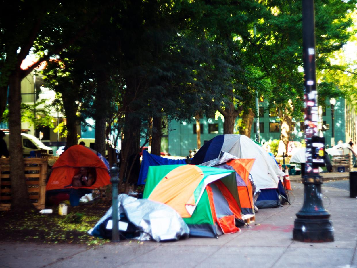 A cluster of tents under a group of trees on a street in Portland, Oregon.