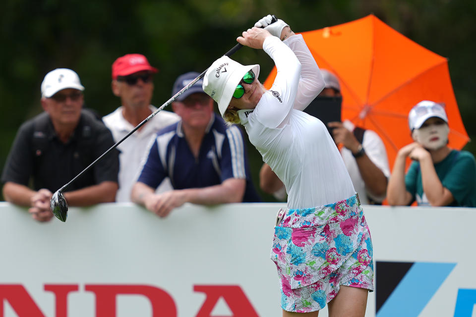 Madelene Sagstrom of Sweden plays a tee shot during the second round of the Honda LPGA Thailand at Siam Country Club on February 23, 2024, in Chon Buri, Thailand. (Photo by Thananuwat Srirasant/Getty Images)