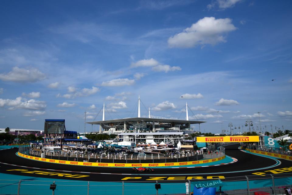 Ferrari driver Carlos Sainz of Spain steers his car during the second practice session of the Formula One Miami Grand Prix auto race, at Miami International Autodrome in Miami Gardens, Fla., Friday, May 5, 2023.