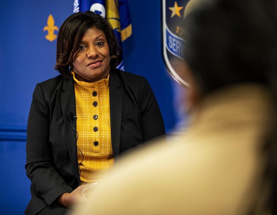 Interim Louisville police chief Yvette Gentry talks with a Courier Journal reporter at LMPD headquarters in downtown Louisville on Sept. 29, 2020.
