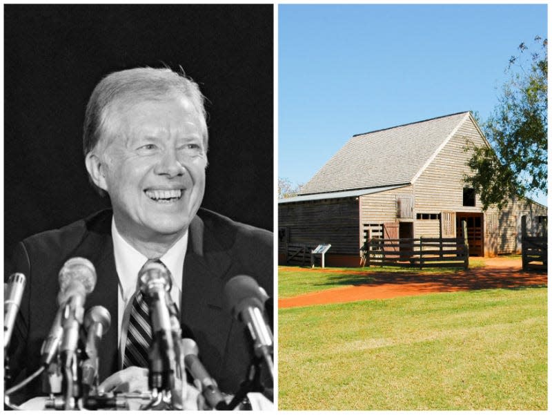 Left: Jimmy Carter. Right: Jimmy Carter's childhood home, a farm in Plains, Georgia.